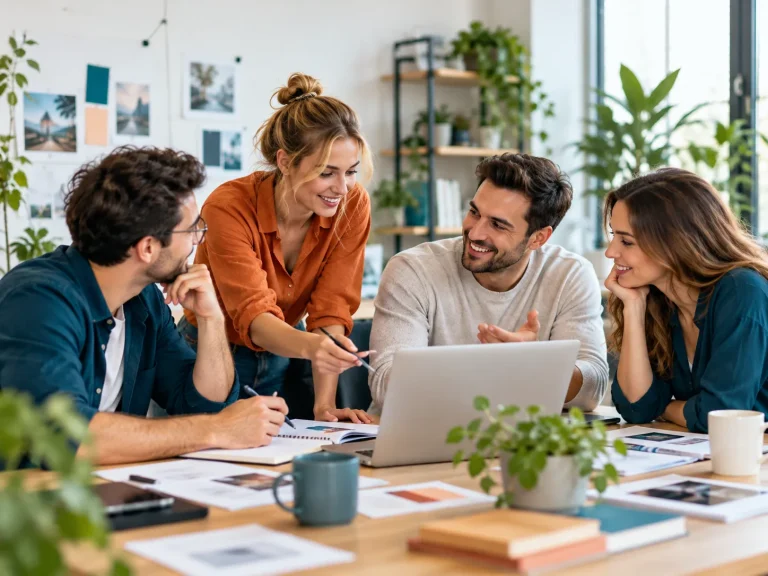 Vier Personen tauschen sich in einem modernen Büro über kreative Ideen und interessante Themen aus.