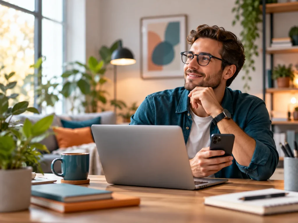 Ein Mann sitzt mit Laptop und Smartphone an einem Schreibtisch und entdeckt neue Ideen in einer gemütlichen Arbeitsumgebung.
