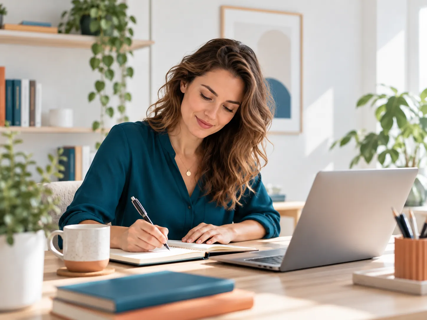 Eine Autorin schreibt konzentriert in einem Notizbuch neben ihrem Laptop an einem hellen Arbeitsplatz und entwickelt neue Ideen für interessante Artikel.