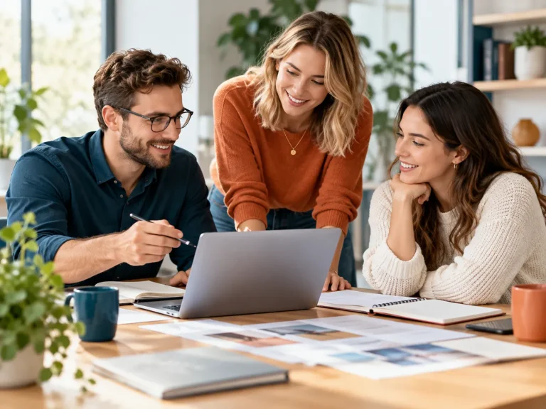 Drei Autoren tauschen sich an einem Laptop über kreative Ideen und interessante Themen aus und arbeiten gemeinsam an neuen Inhalten.