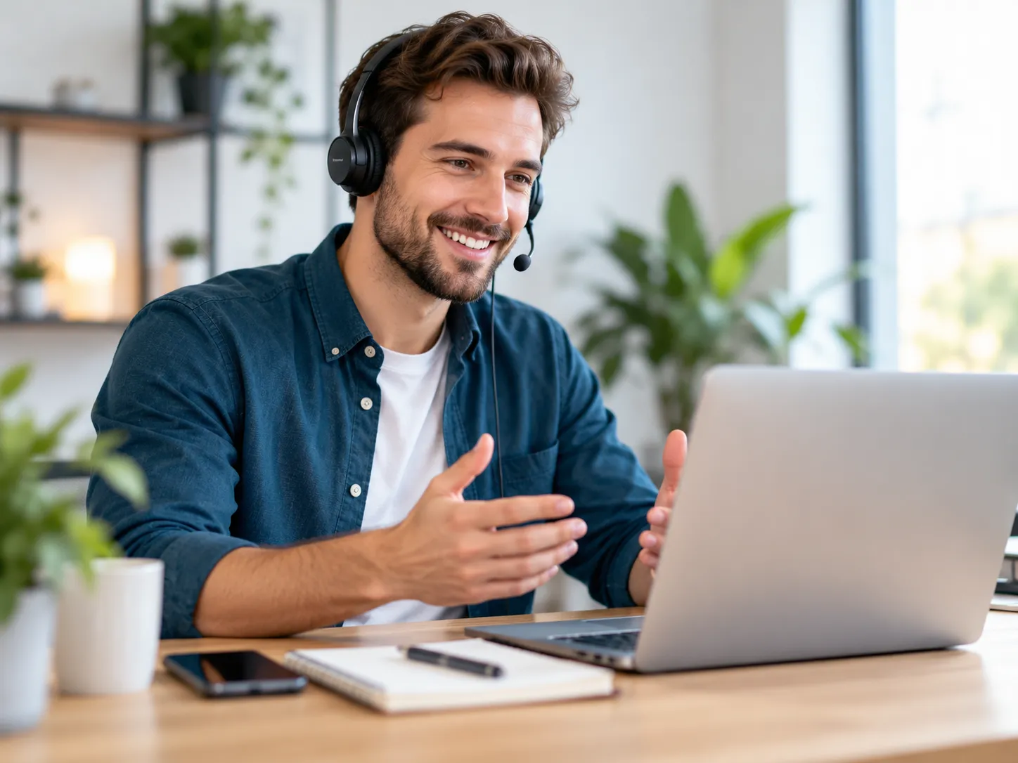 Ein freundlicher Mitarbeiter mit Headset spricht über seinen Laptop und bietet digitale Unterstützung in einem modernen Arbeitszimmer.