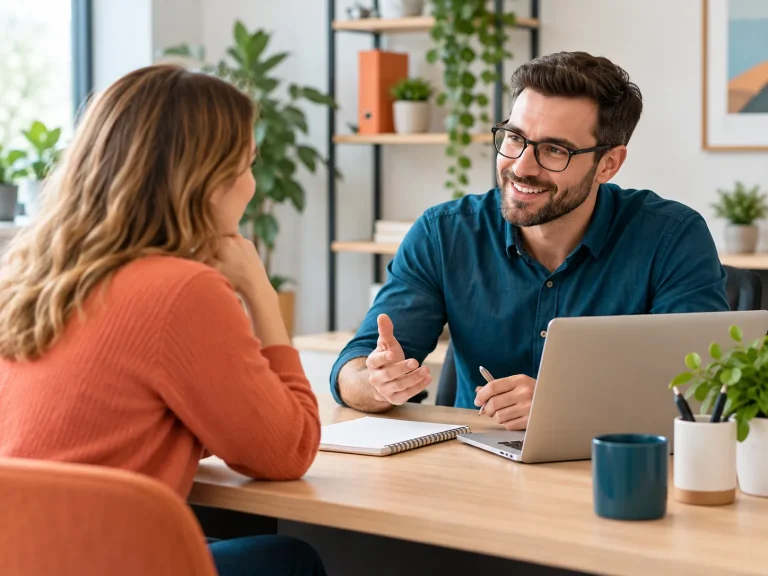 Ein freundlicher Berater erklärt einer Frau in einem modernen Büro hilfreiche Informationen und beantwortet ihre Fragen bei einem persönlichen Gespräch.