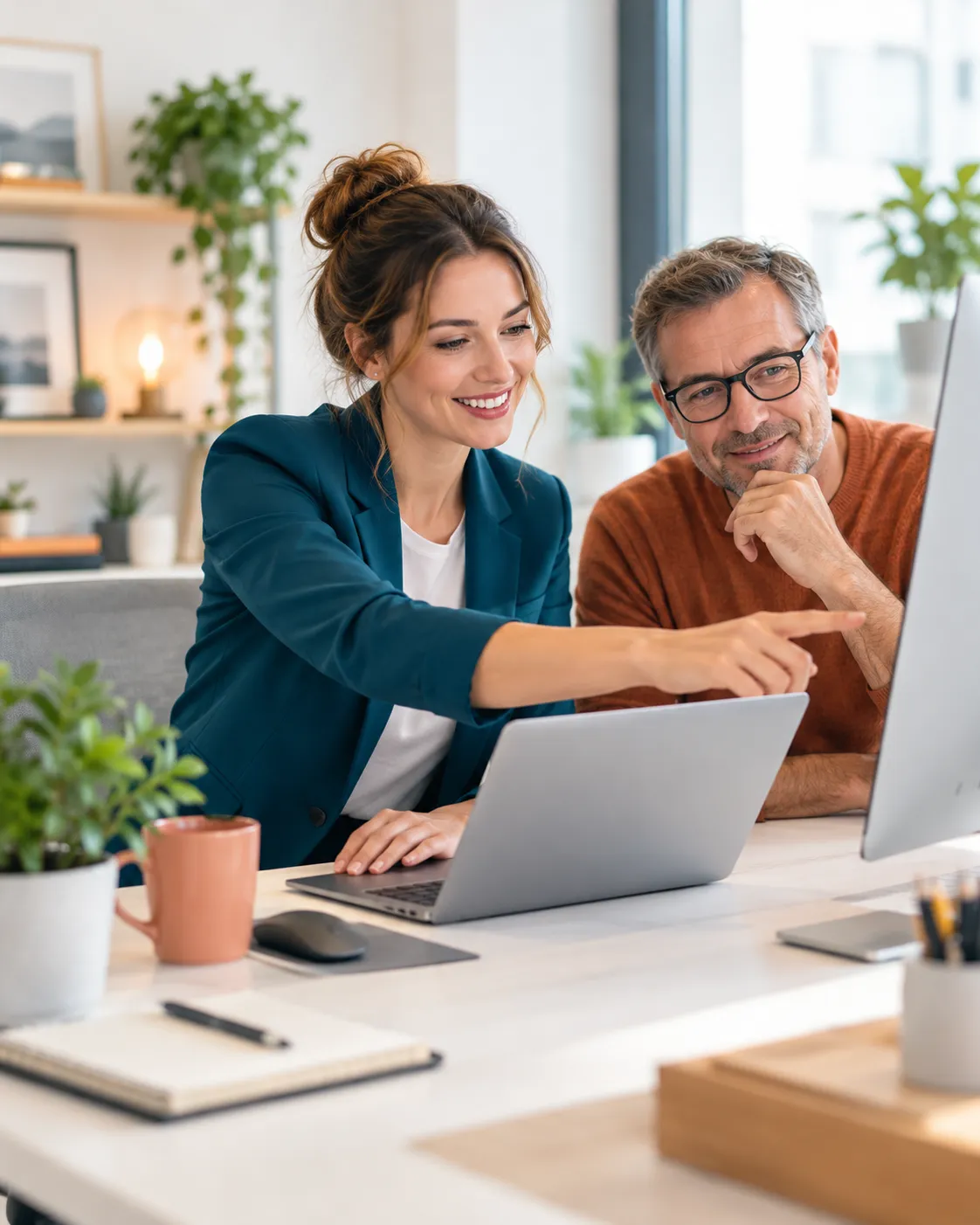 Eine freundliche Beraterin unterstützt einen Mann bei der Nutzung eines Computers in einem modernen Büro und erklärt digitale Lösungen.