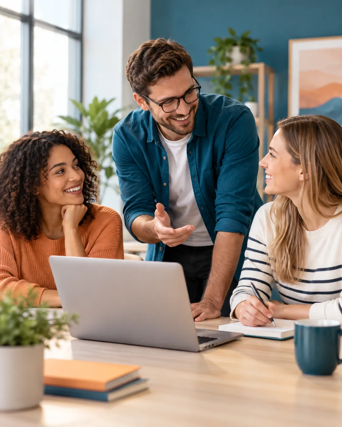 Drei engagierte Personen tauschen sich in einem modernen Büro über kreative Ideen aus und besprechen gemeinsam neue Inhalte an einem Laptop.