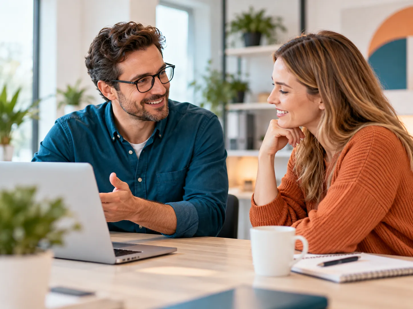 Ein Mann und eine Frau sitzen in einem modernen Büro am Laptop, sprechen miteinander und besprechen freundlich eine digitale Lösung.